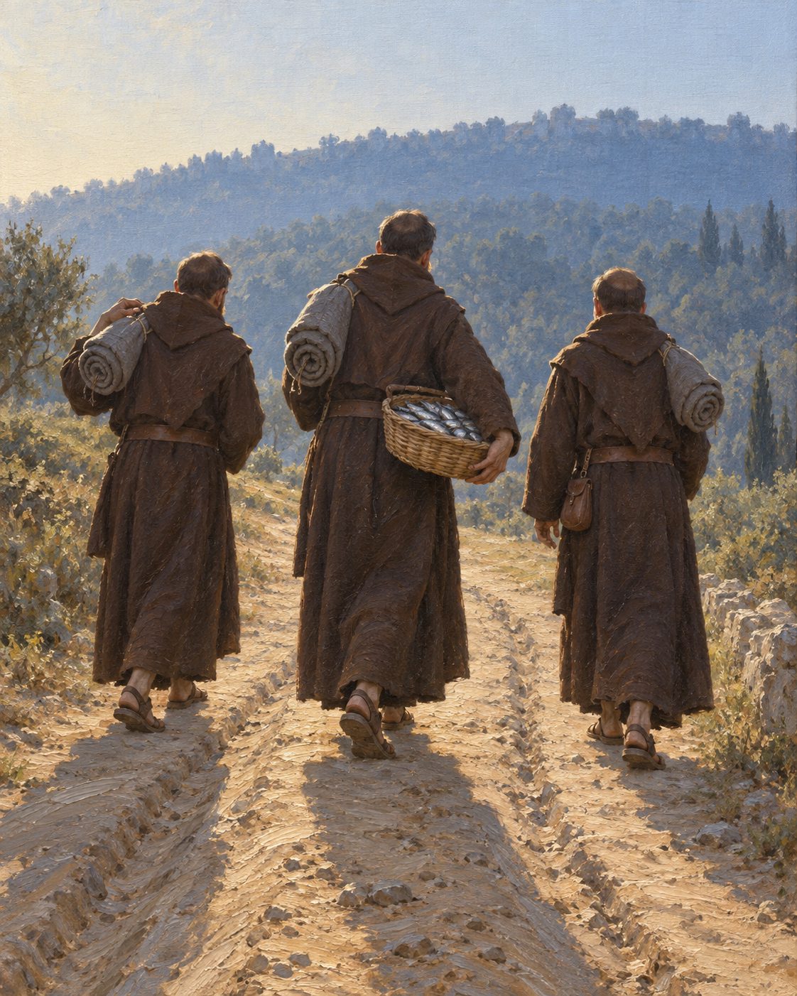 Pintura dos três carmelitas descalços que partiram de Aveiro a 29 de junho de 1628 para fundar o deserto do Buçaco, levando, diz a crónica da ordem, um cobertor cada um para a cama, uma canastra de sardinhas para a mesa e dez cruzados para o começo da obra.