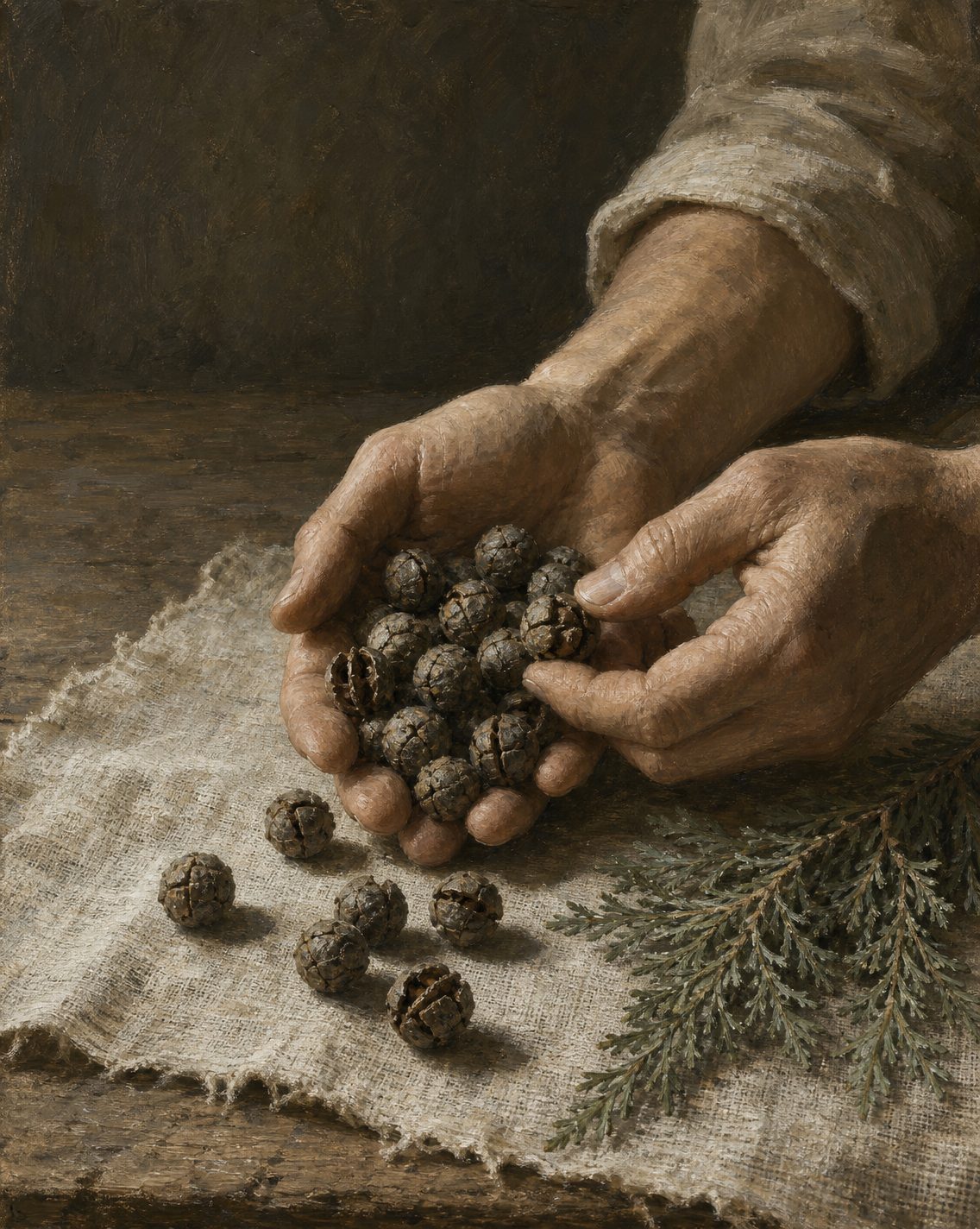 Pintura de mãos com os pequenos frutos do cedro-do-Buçaco. Em 1768, Philip Miller escreveu que ali a árvore crescia até dar madeira e que dali as sementes se obtinham com facilidade.