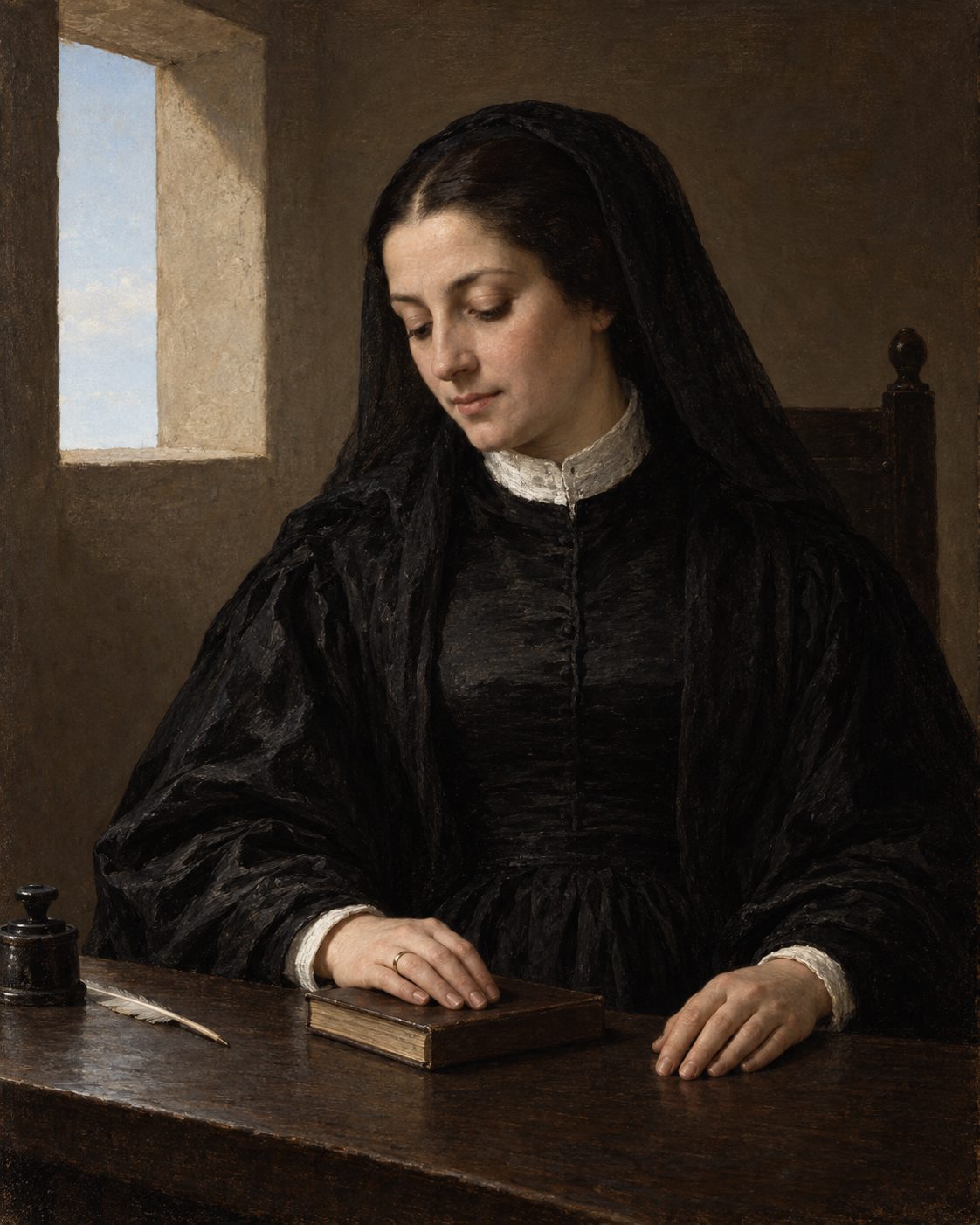Evocação pintada de Bernarda Ferreira de Lacerda, autora das «Soledades de Buçaco», dedicadas às carmelitas descalças do convento de Santo Alberto, em Lisboa. Figura genérica, não retrato.