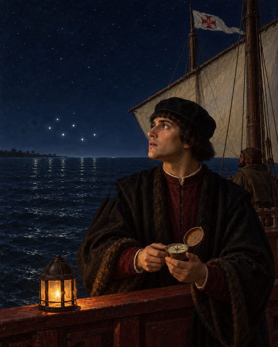 Pintura de um mercador veneziano numa caravela do Infante, à boca do rio Gâmbia, em julho de 1455, a tomar pela agulha o rumo de seis estrelas baixas sobre o mar (figura genérica, não retrato); a caravela segue uma fotografia real da «Boa Esperança», de Kolforn (CC BY 3.0).