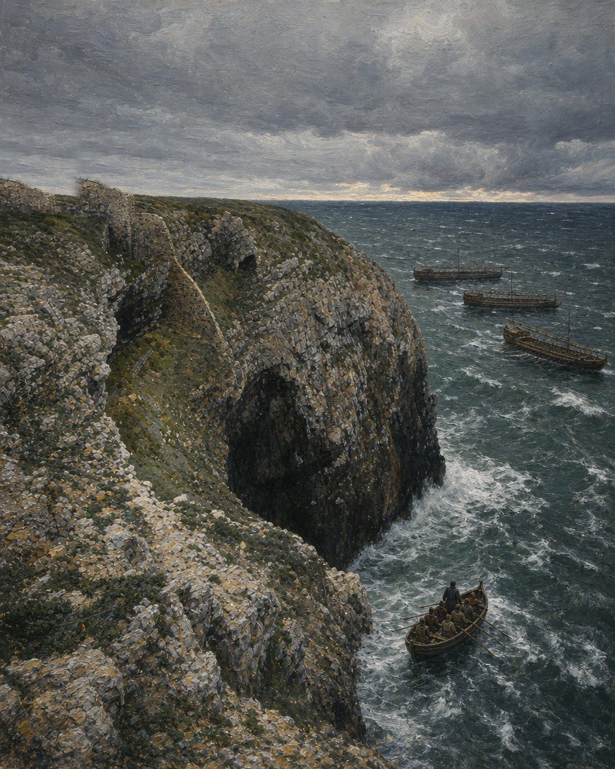 Pintura do cabo de São Vicente com galés de Veneza fundeadas à espera de vento, como no verão de 1454, a partir de uma fotografia real de Rui Glória (CC BY-SA 4.0).