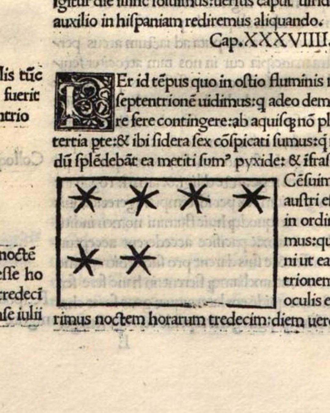 As seis estrelas na tradução latina impressa em Milão, 1508: quatro em fila e duas por baixo, a figura de um carro (Itinerarium Portugallensium, Internet Archive, domínio público).