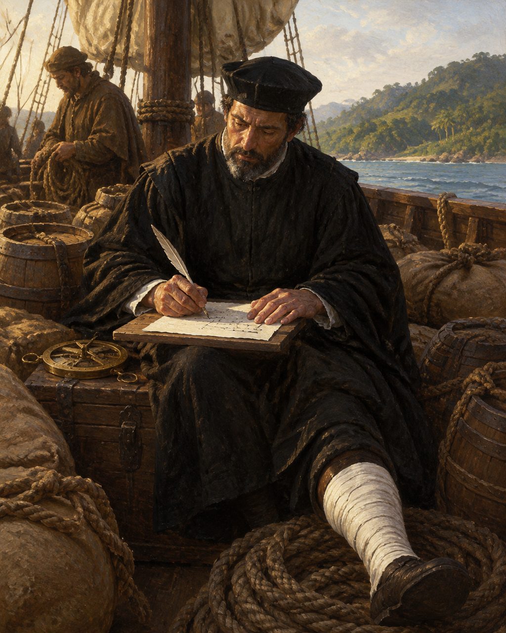 Pintura de um físico do rei na armada de Cabral, a escrever a D. Manuel num navio pequeno e carregado, em 1500 (figura genérica, não retrato).