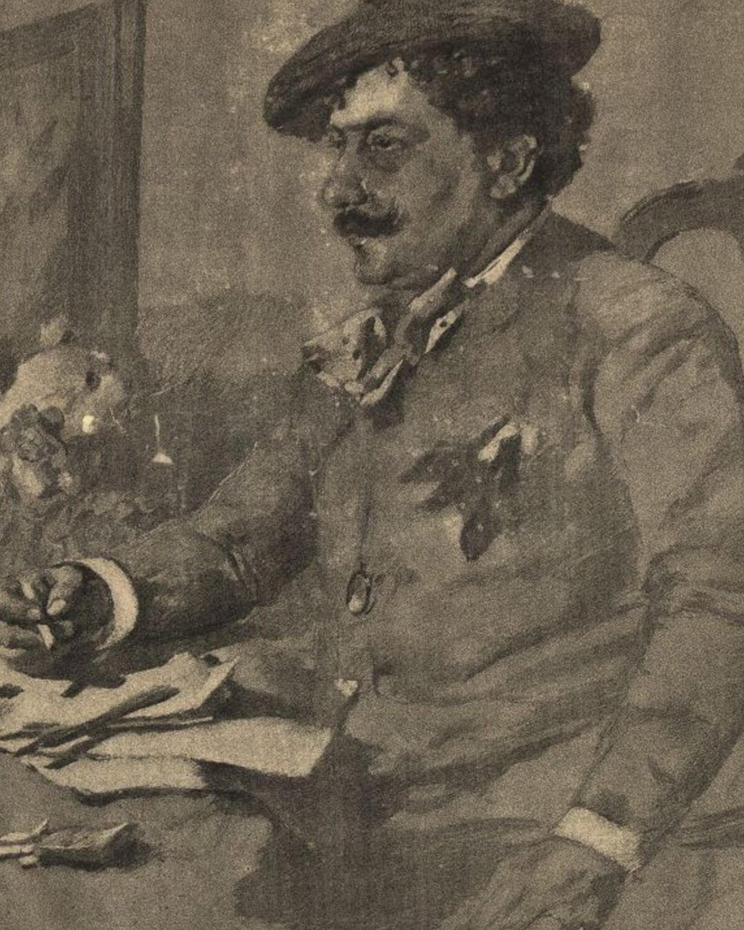 Rafael Bordalo Pinheiro, desenho original de Columbano Bordalo Pinheiro, 1885. (Biblioteca Nacional de Portugal, domínio público)