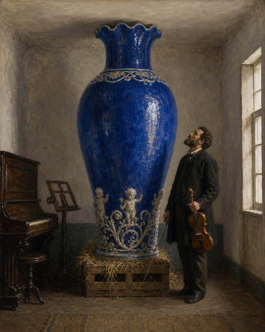 Evocação pintada de um melómano diante de uma jarra grande demais para a sala de música, numa casa do Ribatejo em 1895 (figura genérica, não retrato; a jarra pintada não é a jarra real).