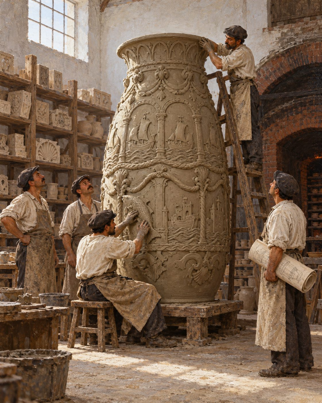 Evocação pintada de operários a modelar uma peça monumental numa fábrica de faiança, em 1892 (figuras genéricas, não retratos).