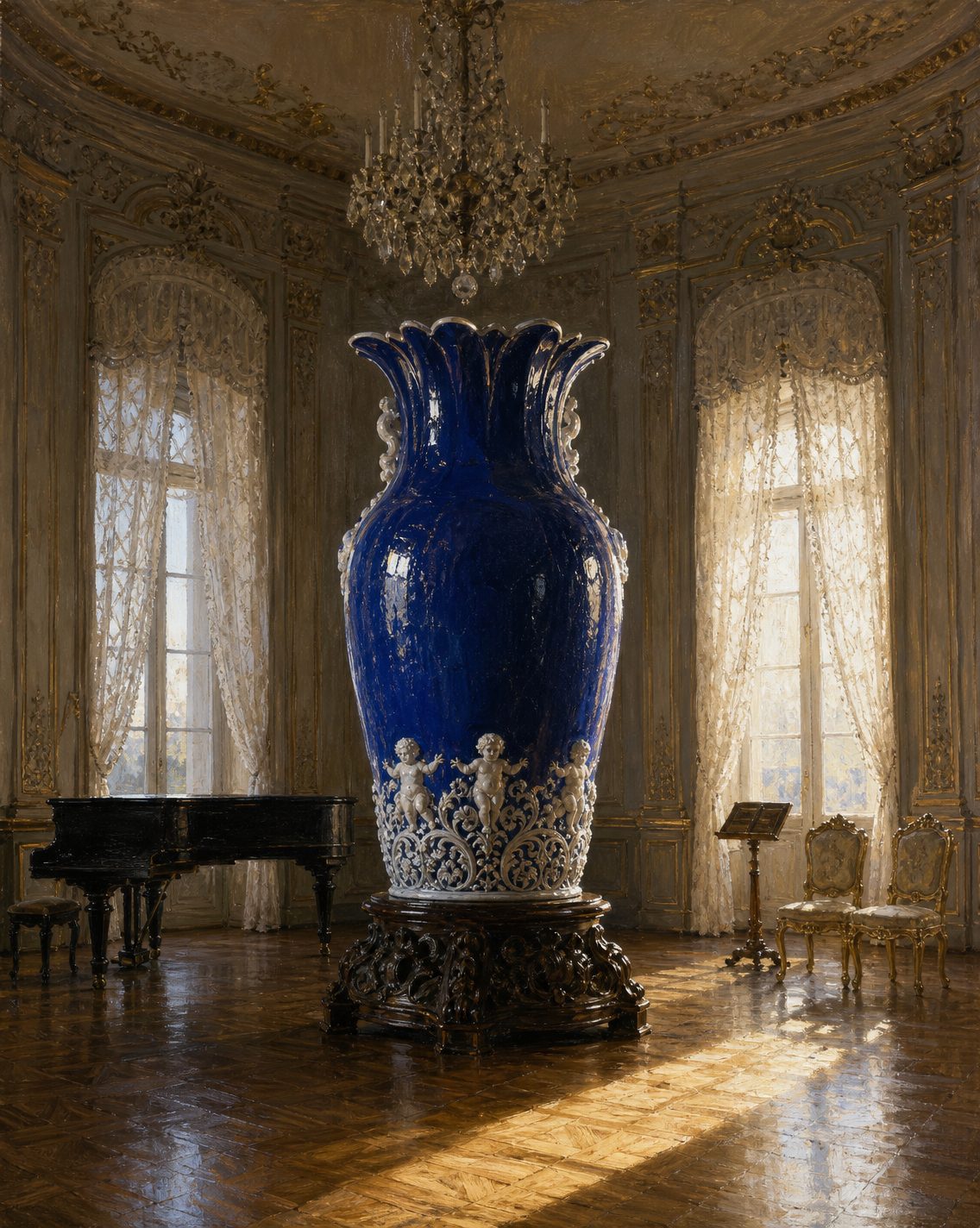 Evocação pintada de um salão de música num palácio do Rio de Janeiro, por volta de 1900; sem pessoas (a jarra pintada não é a jarra real).
