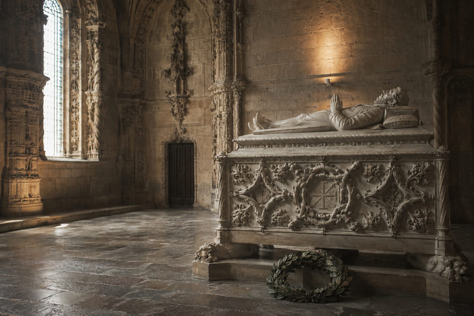 O túmulo monumental de Camões nos Jerónimos, com flores do 10 de Junho.