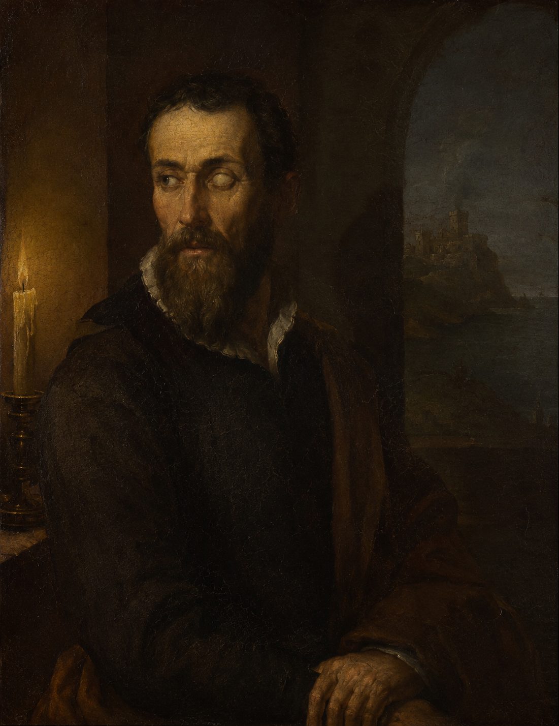 O poeta de um só olho, retrato à maneira do século XVI.