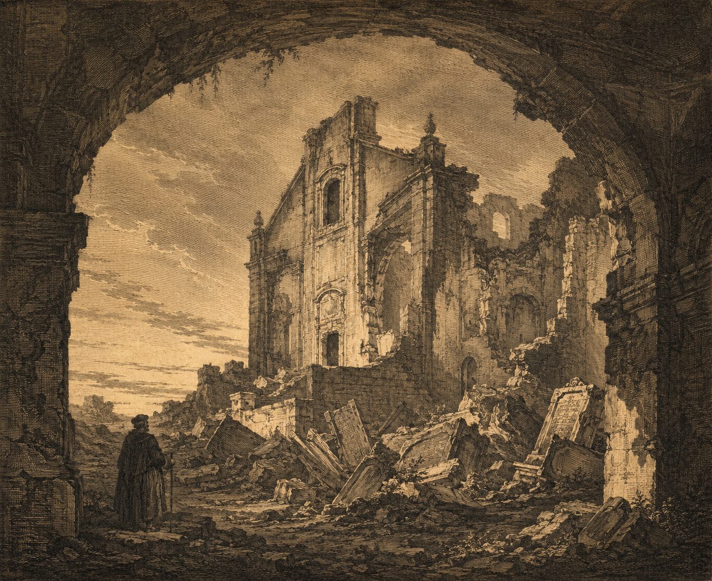 A Igreja de Santa Ana em ruínas após o terramoto de 1755.