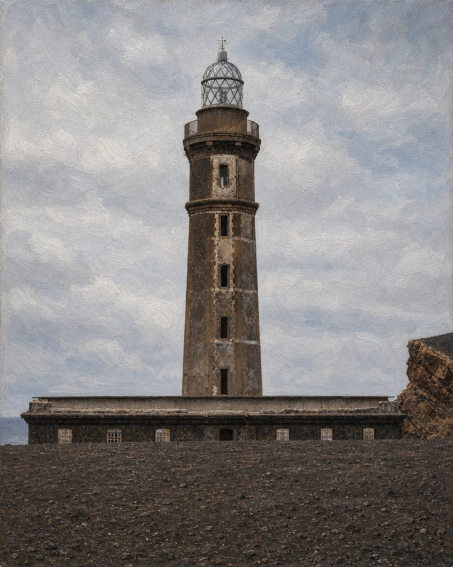 O farol da Ponta dos Capelinhos, construído entre 1894 e 1903, ficou soterrado em cinza e rocha até ao segundo andar — só esse piso ficou visível acima do novo solo. Ainda assim, manteve-se de pé. Pintura a partir de uma fotografia real do local — foto de referência de BBCLCD (CC BY-SA 4.0, via Wikimedia Commons, creativecommons.org/licenses/by-sa/4.0/). Pintura derivada partilhada sob CC BY-SA 4.0.
