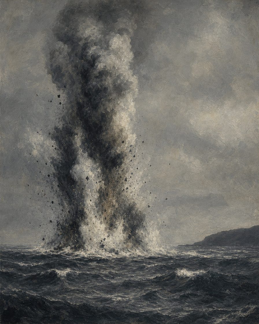 A 27 de setembro de 1957, a cerca de um quilómetro da Ponta dos Capelinhos, o mar começou a expelir cinza, vapor e fragmentos de rocha. Nasceu ali, debaixo de água, uma ilha nova. Pintura.