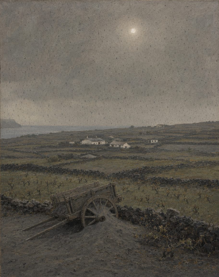 Um ano inteiro de tremor e queda de cinza sobre o oeste do Faial: colheitas perdidas, telhados a ceder sob o peso da cinza, o quotidiano suspenso. Ninguém morreu. Pintura.
