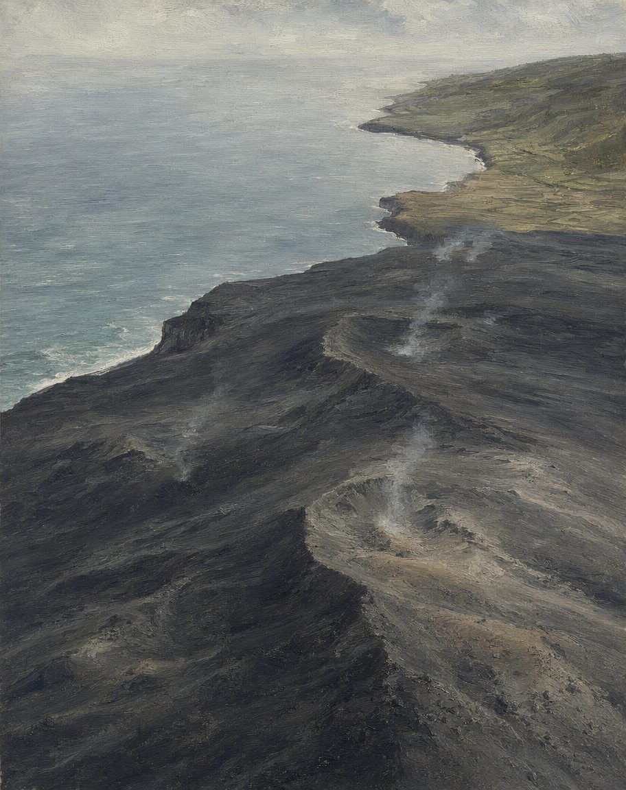 A erupção acrescentou cerca de 2,4 quilómetros quadrados de terra nova à ilha do Faial. O mar já devolveu grande parte: hoje resta bem menos de metade do que ali nasceu. Pintura.