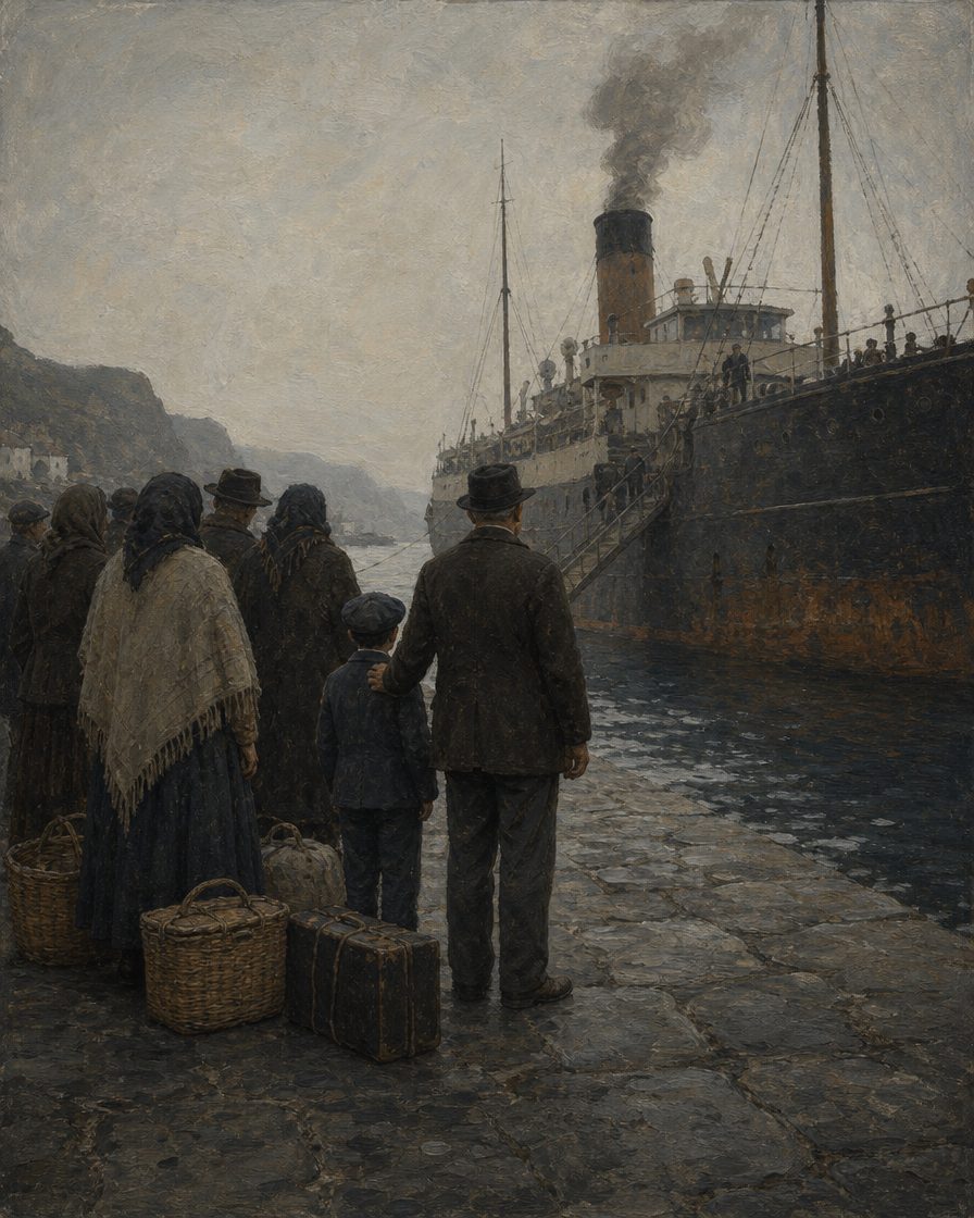 Depois da crise, cerca de 40% da população ativa do Faial emigrou, muitos para os Estados Unidos. Pintura.