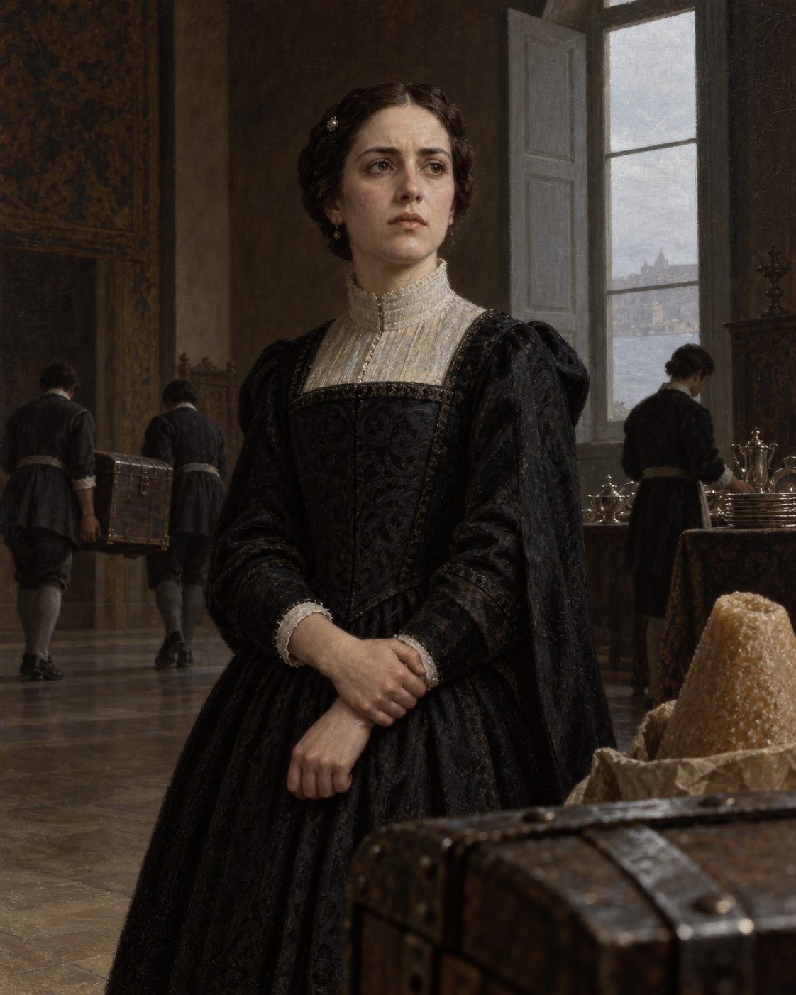 Pintura a óleo de uma jovem da corte portuguesa do início da década de 1660, à espera enquanto se contam as arcas do dote. Figura genérica do período, não retrato de pessoa real.