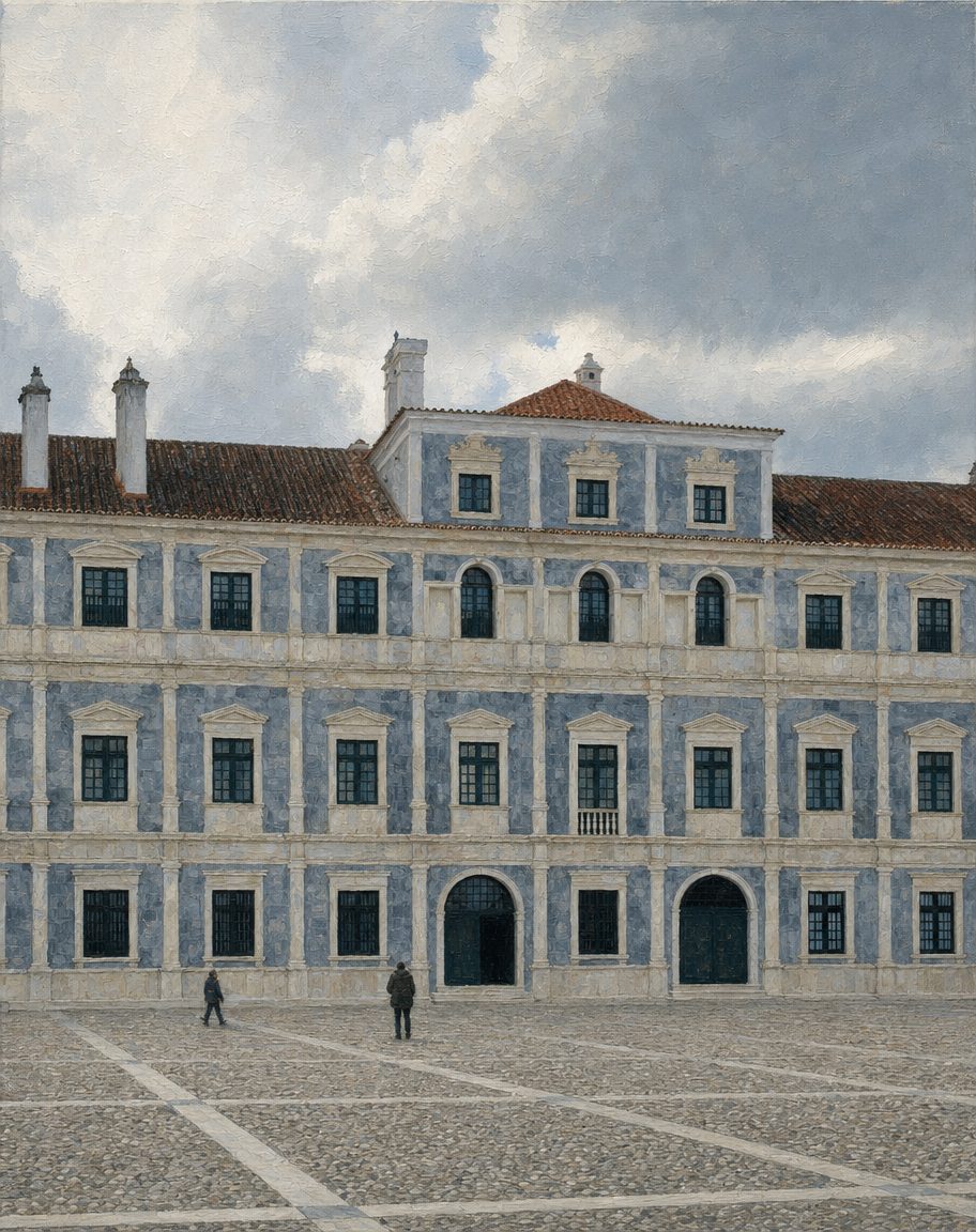 Pintura a óleo do Paço Ducal de Vila Viçosa, onde nasceu Catarina de Bragança, com a fachada de mármore em painéis sobre o terreiro. Pintada a partir de uma fotografia real de Alvesgaspar (CC BY-SA 3.0).
