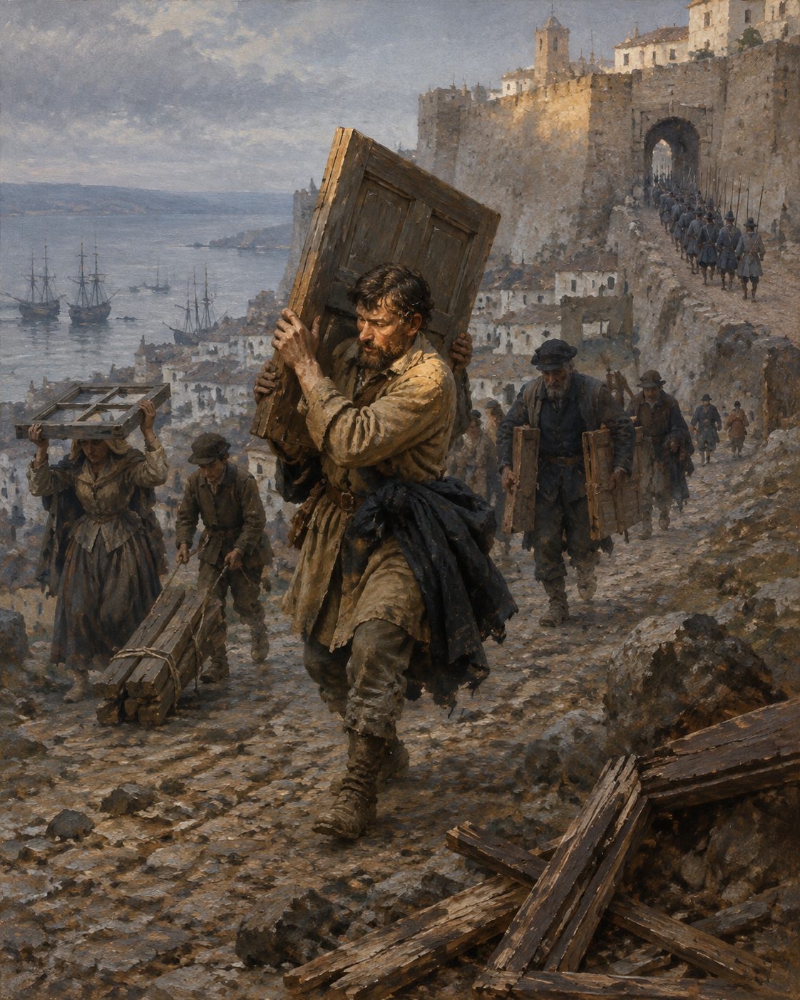 Pintura a óleo da guarnição portuguesa a sair de Tânger no inverno de 1662, levando das casas os soalhos, as janelas e as portas. Figuras genéricas do período.