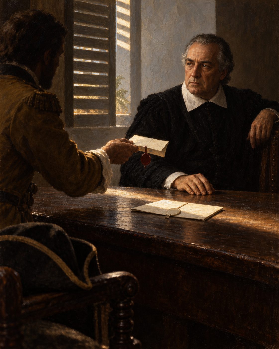 Pintura a óleo do momento em que o vice-rei da Índia recusa a carta que lhe é estendida, por não ser a procuração que as suas instruções exigiam. Figura genérica do período, não retrato de pessoa real.