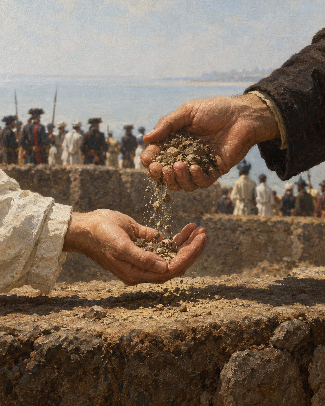 Evocação pintada da entrega de Bombaim em fevereiro de 1665: terra e pedras, a cerimónia pela ilha. O gesto de mão para mão é a encenação da pintura; o que os documentos registam é a entrega de dois pequenos baluartes, terra e pedras.