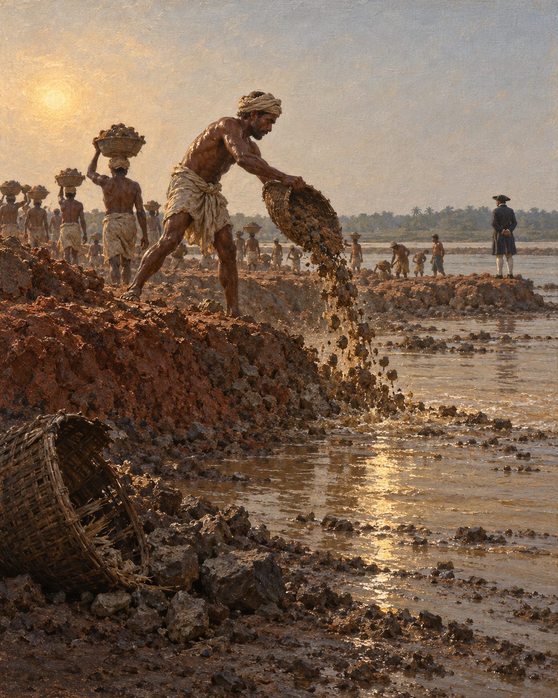 Pintura a óleo dos aterros de Bombaim no início do século XVIII: cestos de terra e pedra despejados na água baixa entre duas margens.