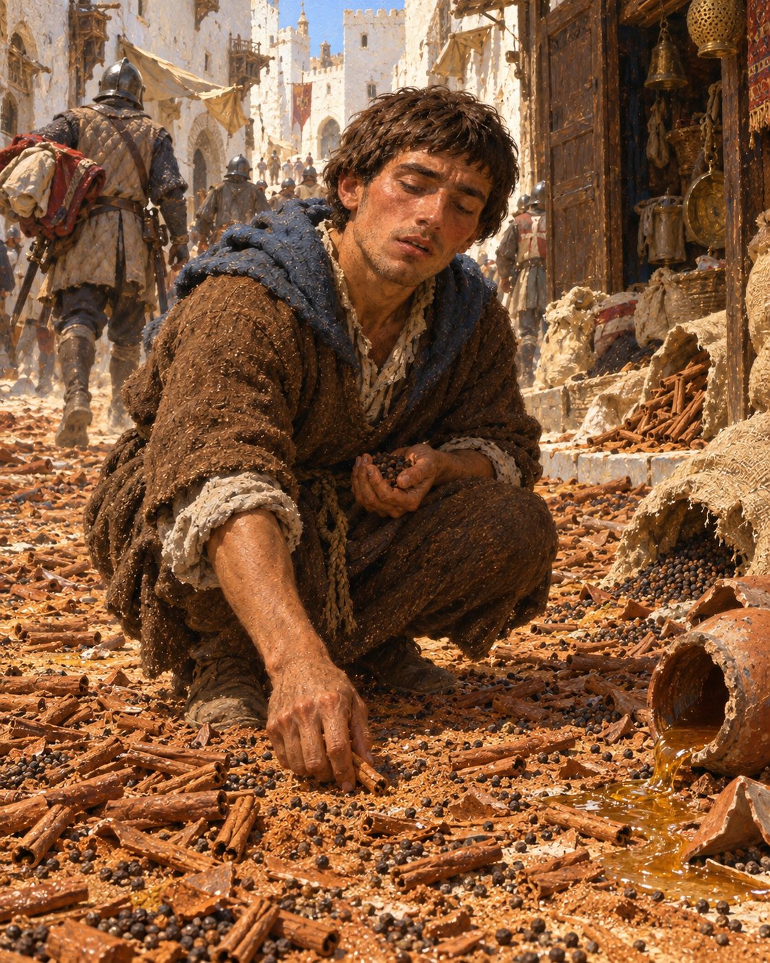 Pintura da rua das lojas de Ceuta no dia da conquista, a 21 de agosto de 1415, coberta de canela e pimenta, com um homem da armada a apanhá-las do chão (figuras genéricas).
