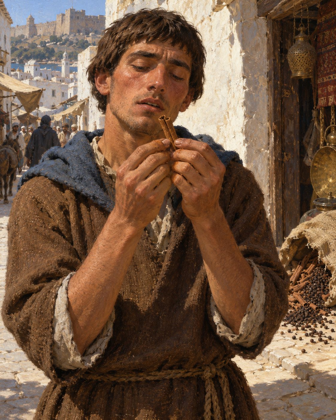 Pintura de um homem da armada a cheirar um pedaço de canela nas ruas de Ceuta, em 1415 (figura genérica, não retrato).