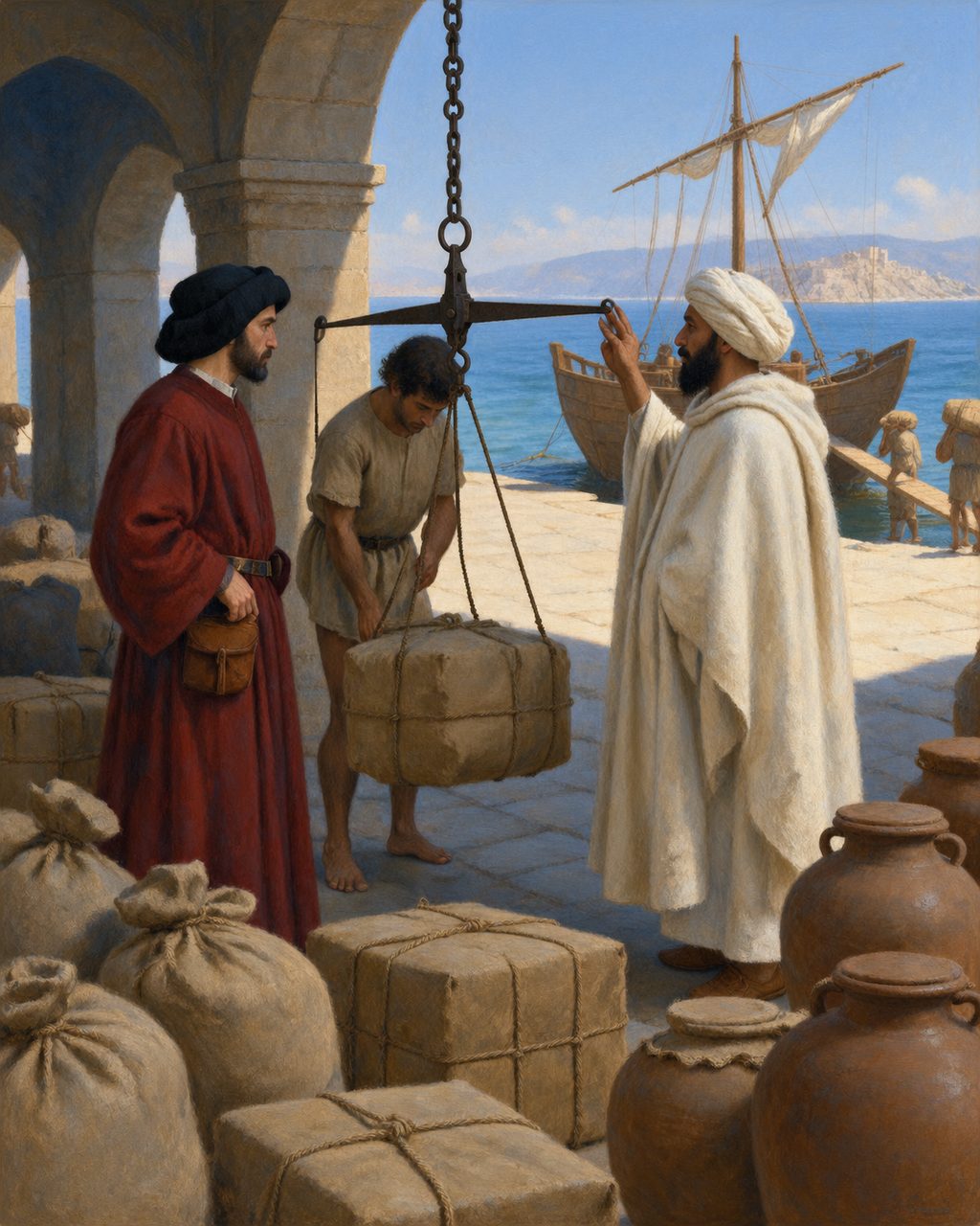 Pintura da aduana do porto de Ceuta antes da conquista, onde, segundo Zurara, pousavam os genoveses (figuras genéricas).