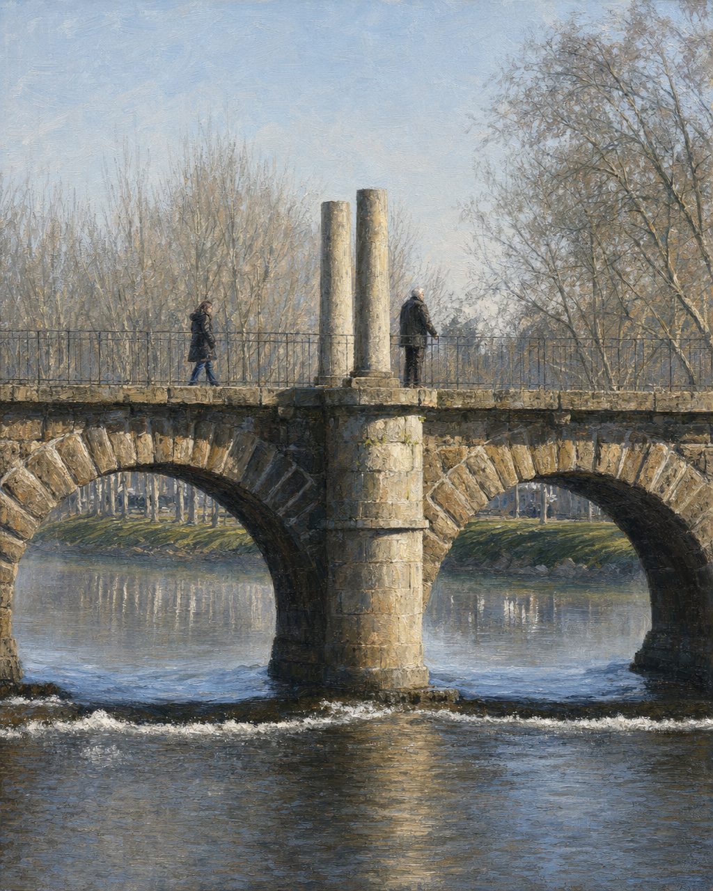 Pintura da ponte romana de Chaves e das duas colunas sobre o tabuleiro, a partir de uma fotografia real de Joseolgon (CC BY-SA 4.0).