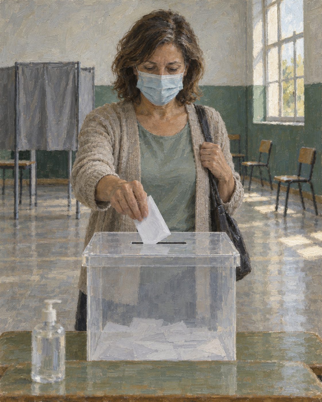 Evocação pintada do referendo de 13 de setembro de 2020 sobre o regresso dos carros à ponte, o primeiro ato eleitoral em Portugal durante a pandemia.