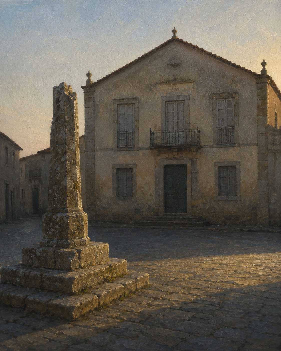No largo, o pelourinho partido: o que sobra da autoridade de uma vila que se governava a si própria.