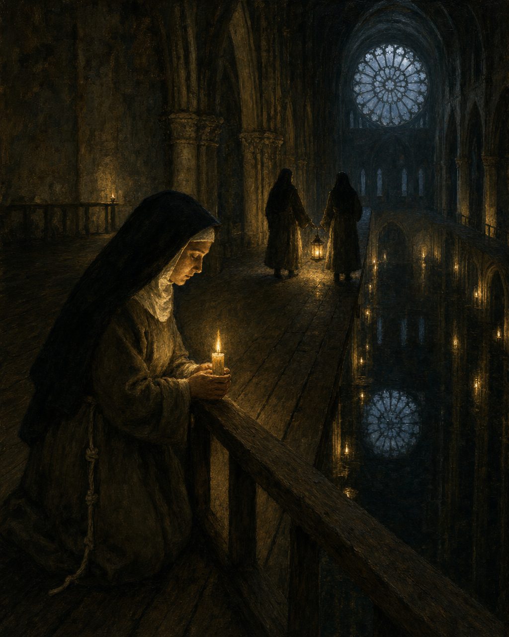 No início do século XVII, as clarissas mudaram a clausura para um andar construído dentro da própria igreja; em baixo, a nave alagada pelo Mondego. Pintura. evocação, não registo.