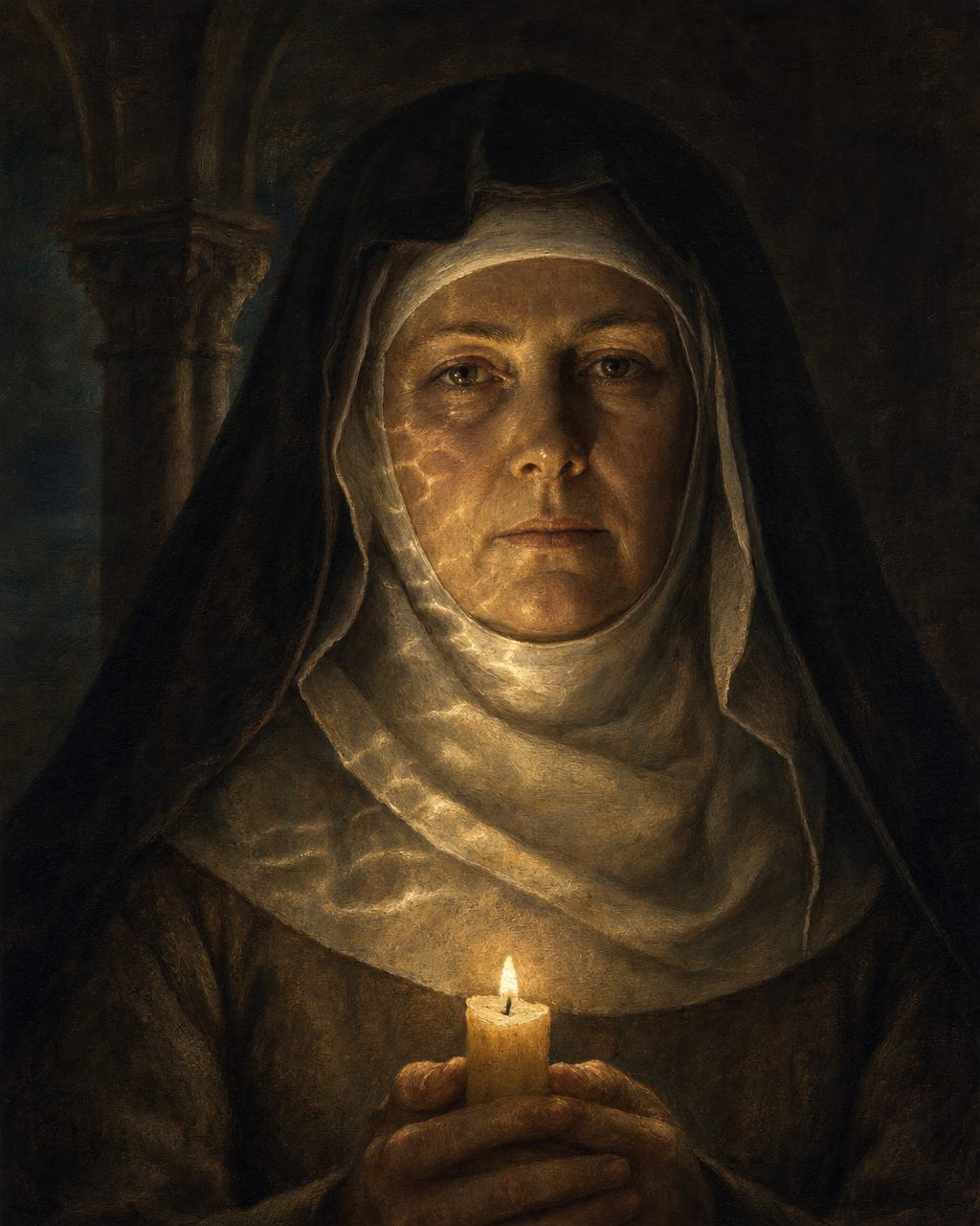 Ficaram séculos sobre a água, de vigília ao túmulo da refundadora, a Rainha Santa Isabel, canonizada em 1625. Pintura. evocação de uma clarissa do período, não retrato.