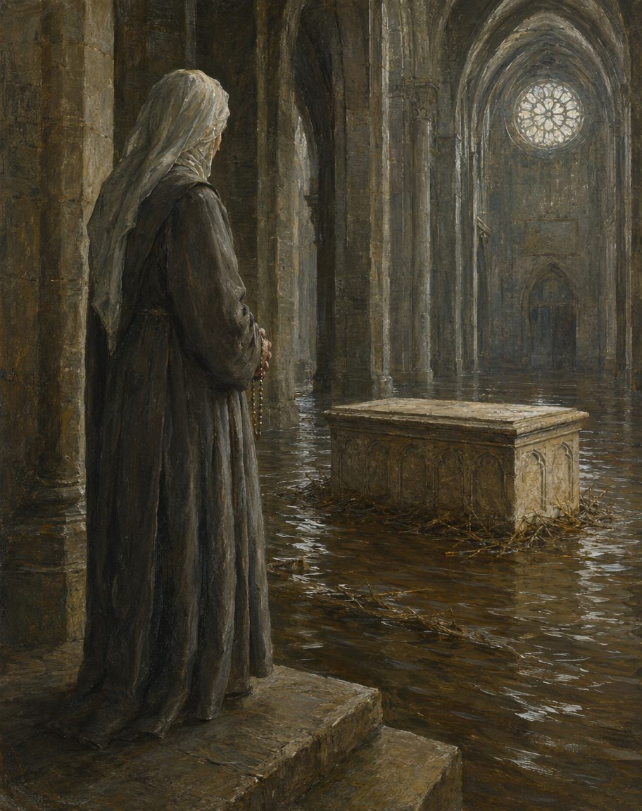 Conta a arqueóloga do sítio que a rainha viu a própria arca tumular coberta de água numa cheia e mandou construir um piso mais alto para a pôr a salvo. Pintura. evocação, não retrato.