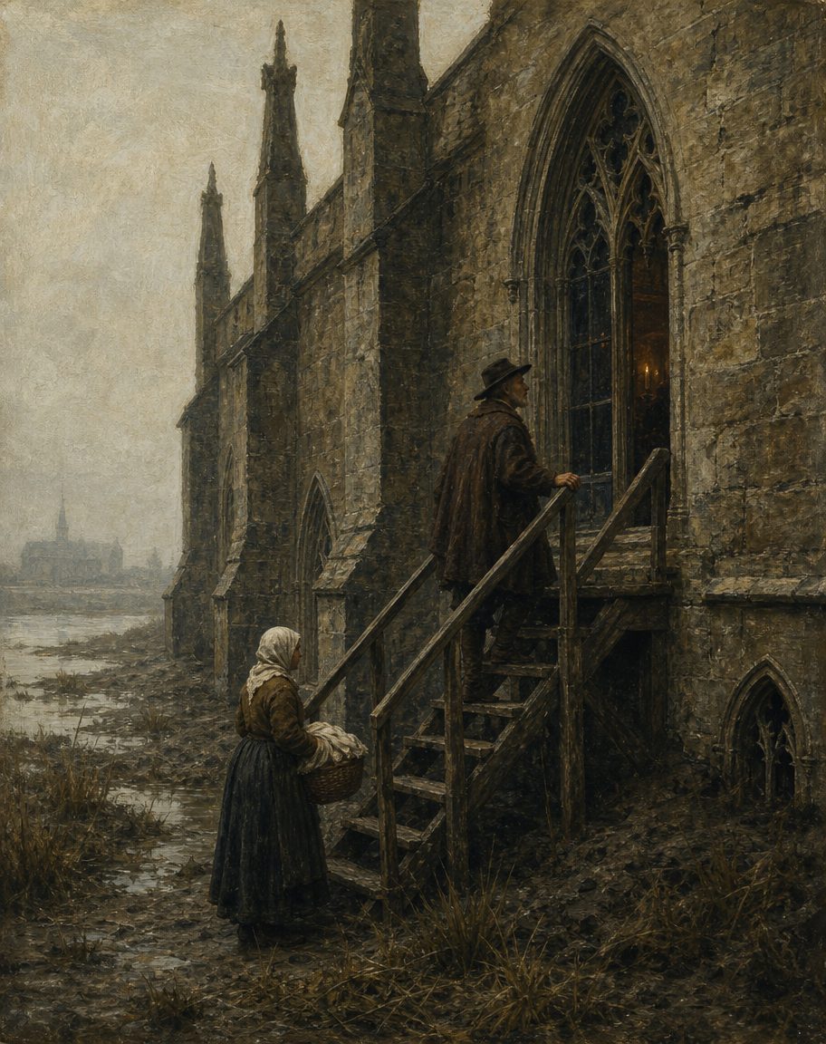 Na configuração final, segundo os arqueólogos, o piso térreo era uma cisterna e os fiéis entravam na igreja por uma janela. Pintura. evocação, não registo.