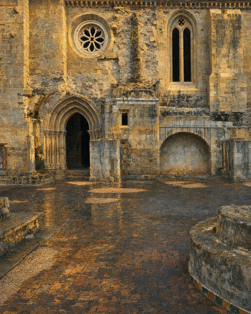 As ruínas hoje: o portal, a rosácea e o piso escavado abaixo do nível do rio, protegido por uma cortina de contenção. Pintura a partir de fotografia real do monumento, de José Luis Filpo Cabana (Wikimedia Commons, CC BY 3.0).
