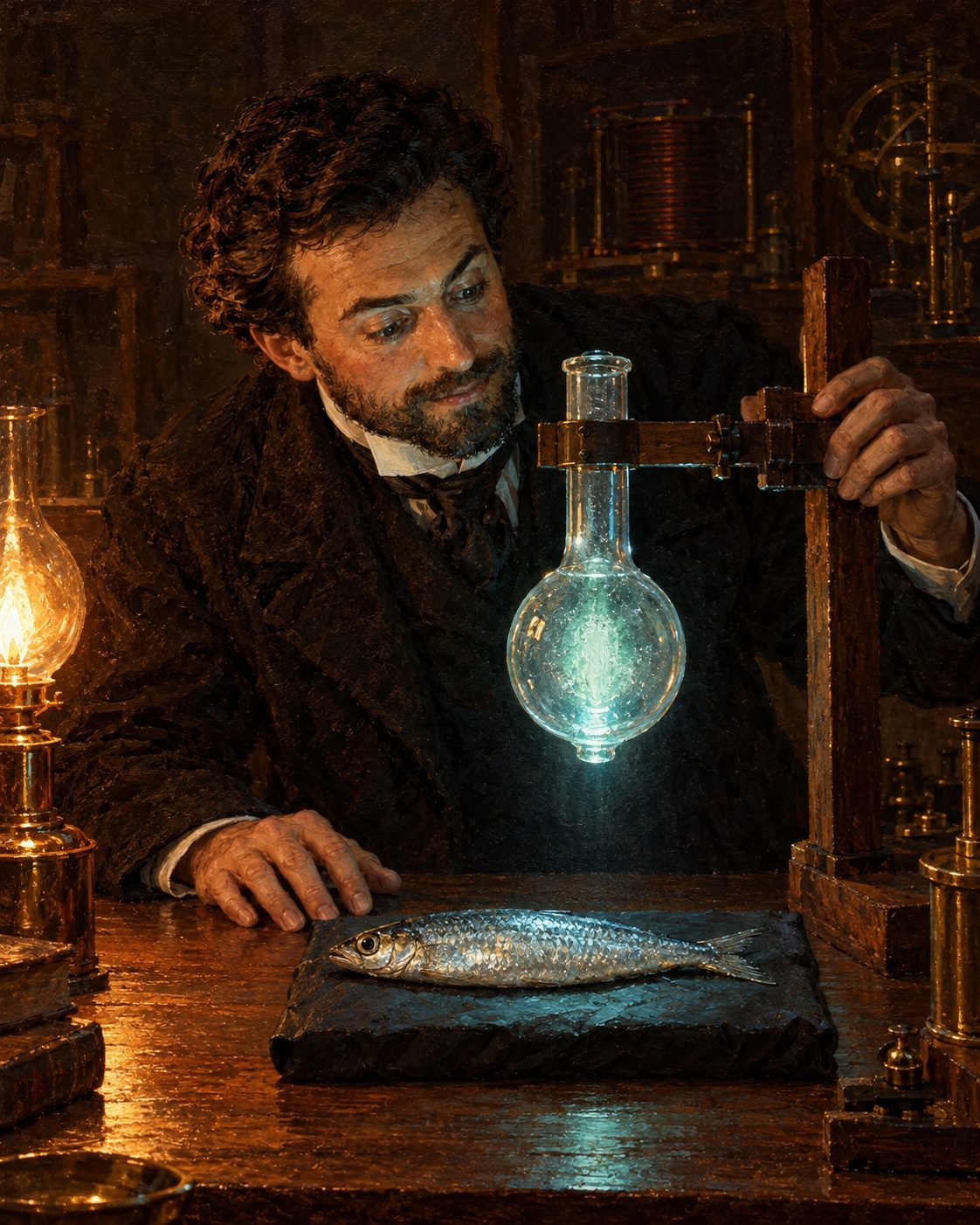 Evocação pintada de um professor de Física ao lado de uma sardinha sobre uma chapa embrulhada em papel preto, sob um tubo de vidro luminoso, em Coimbra, em 1896 (figura genérica, não retrato).