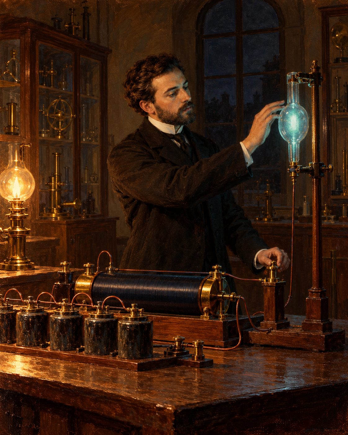 Evocação pintada de um professor de Física junto de uma bobina de indução, de pilhas e de um tubo de vidro luminoso, num gabinete universitário em 1896 (figura genérica, não retrato).