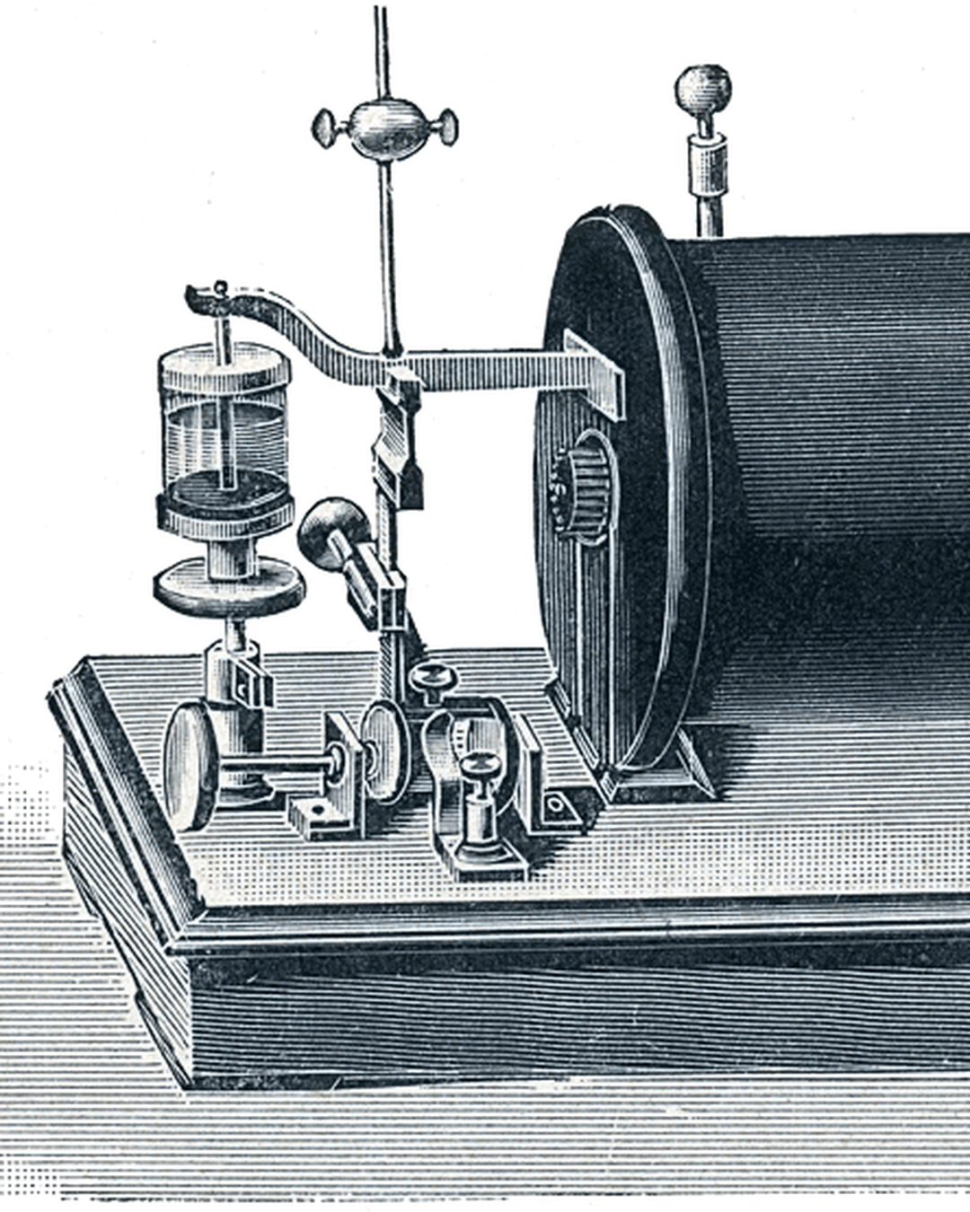 Gravura de época de uma bobina de Ruhmkorff (1905), o tipo de aparelho usado em Coimbra; não é a bobina de Coimbra. (Wikimedia Commons, domínio público)