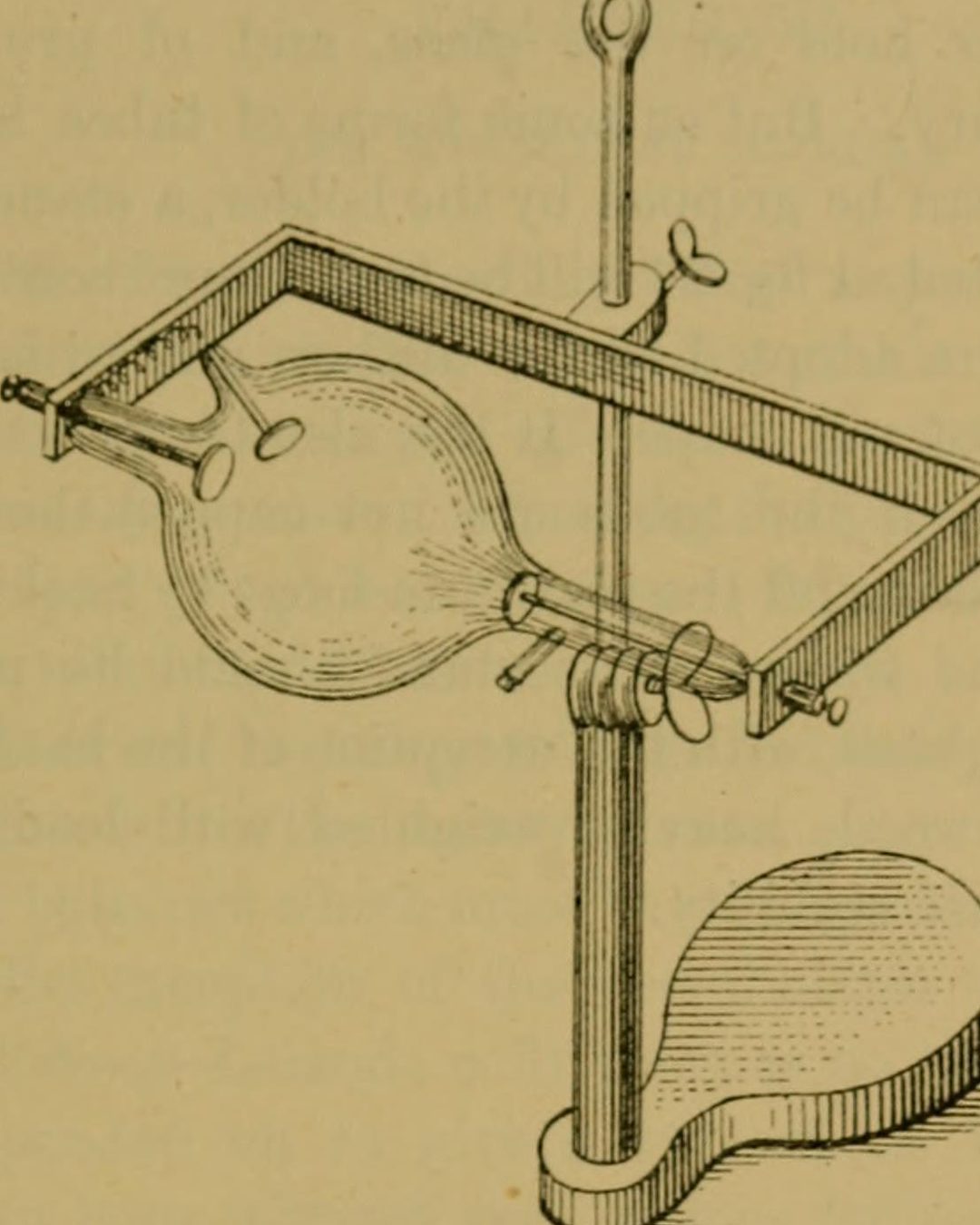 Gravura de um tubo de Crookes montado num suporte, de um livro de 1898; o tipo de aparelho, não o tubo de Coimbra. (Internet Archive / Wikimedia Commons, domínio público)