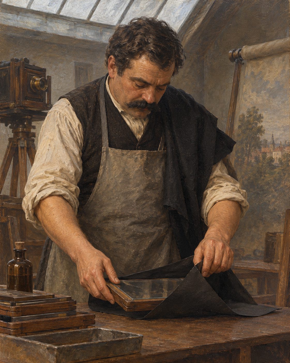 Evocação pintada de um fotógrafo a embrulhar em papel preto uma chapa de vidro, em 1896 (figura genérica, não retrato).