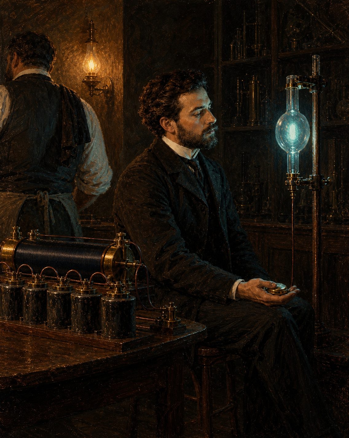 Evocação pintada da espera diante do tubo luminoso, num gabinete de Física em 1896 (figuras genéricas, não retratos).