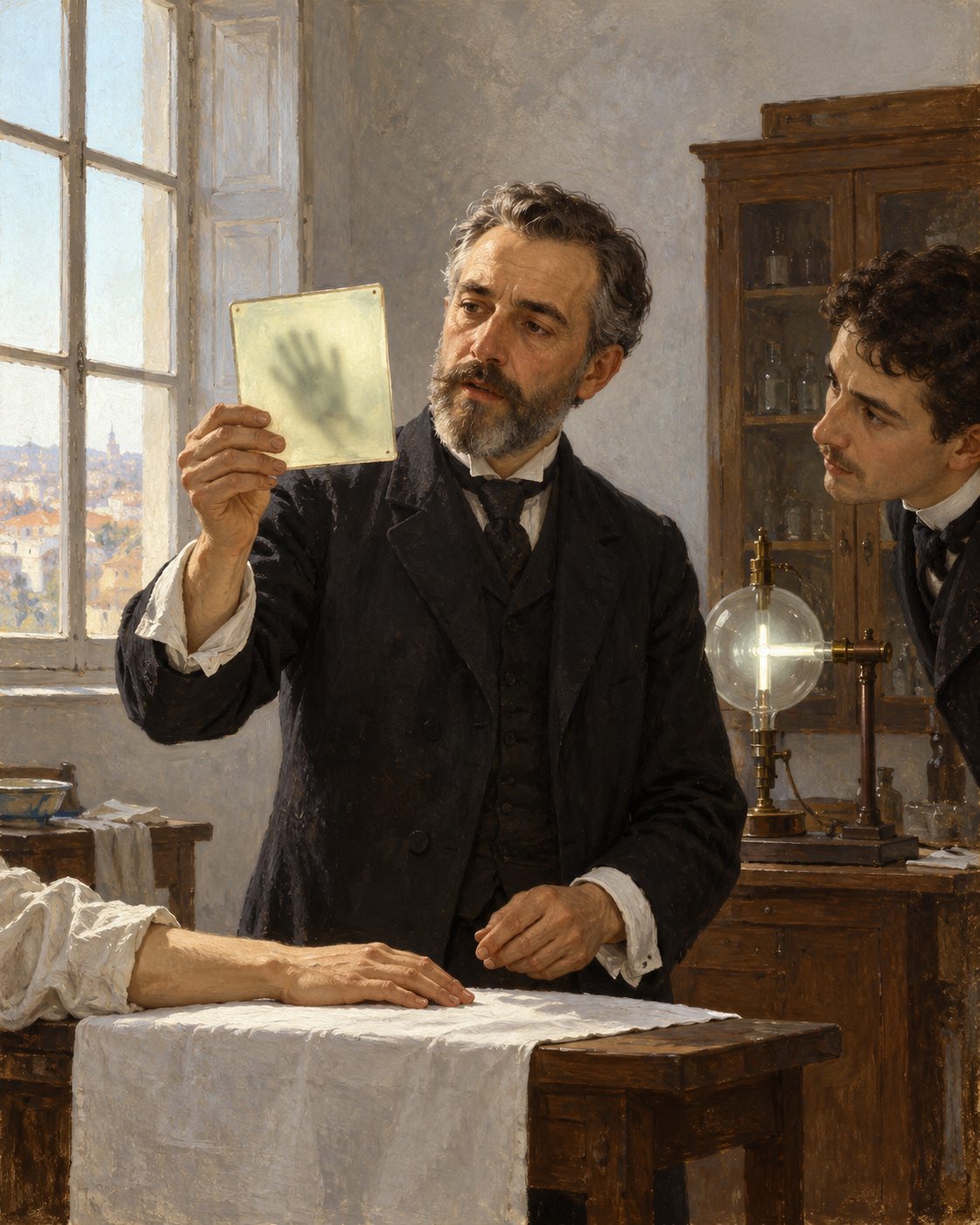 Evocação pintada de um cirurgião a olhar para um ecrã luminoso com a sombra de uma mão, numa sala de hospital em 1897 (figuras genéricas, não retratos).