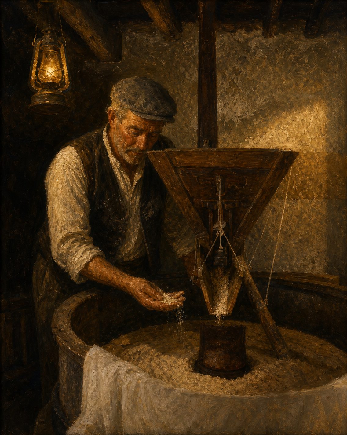 Evocação pintada de um moleiro do século XX a moer de noite, à luz de um candeeiro, junto ao tegão de uma das mós do Moinho de Maré de Corroios (figura genérica, não retrato). A partir de uma fotografia real de Jaimepereira48 (CC BY-SA 4.0).