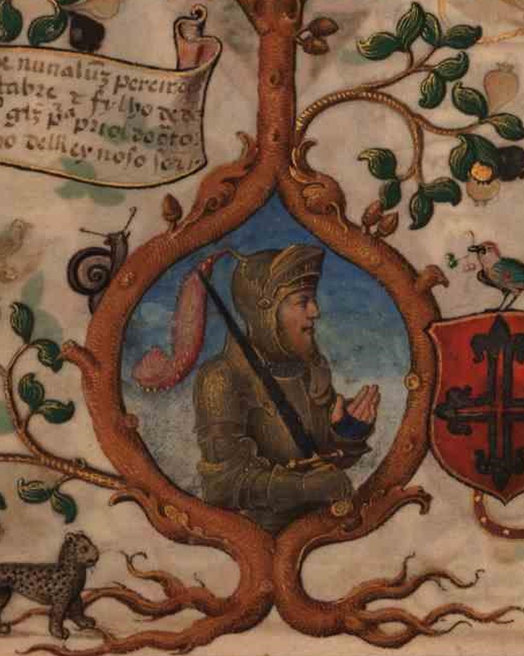 Nuno Álvares Pereira, o condestável, num medalhão da Genealogia de D. Manuel Pereira, 3.º conde da Feira, iluminada por António de Holanda e João Menelau em 1534 (Arquivo Nacional da Torre do Tombo, via Wikimedia Commons, domínio público).