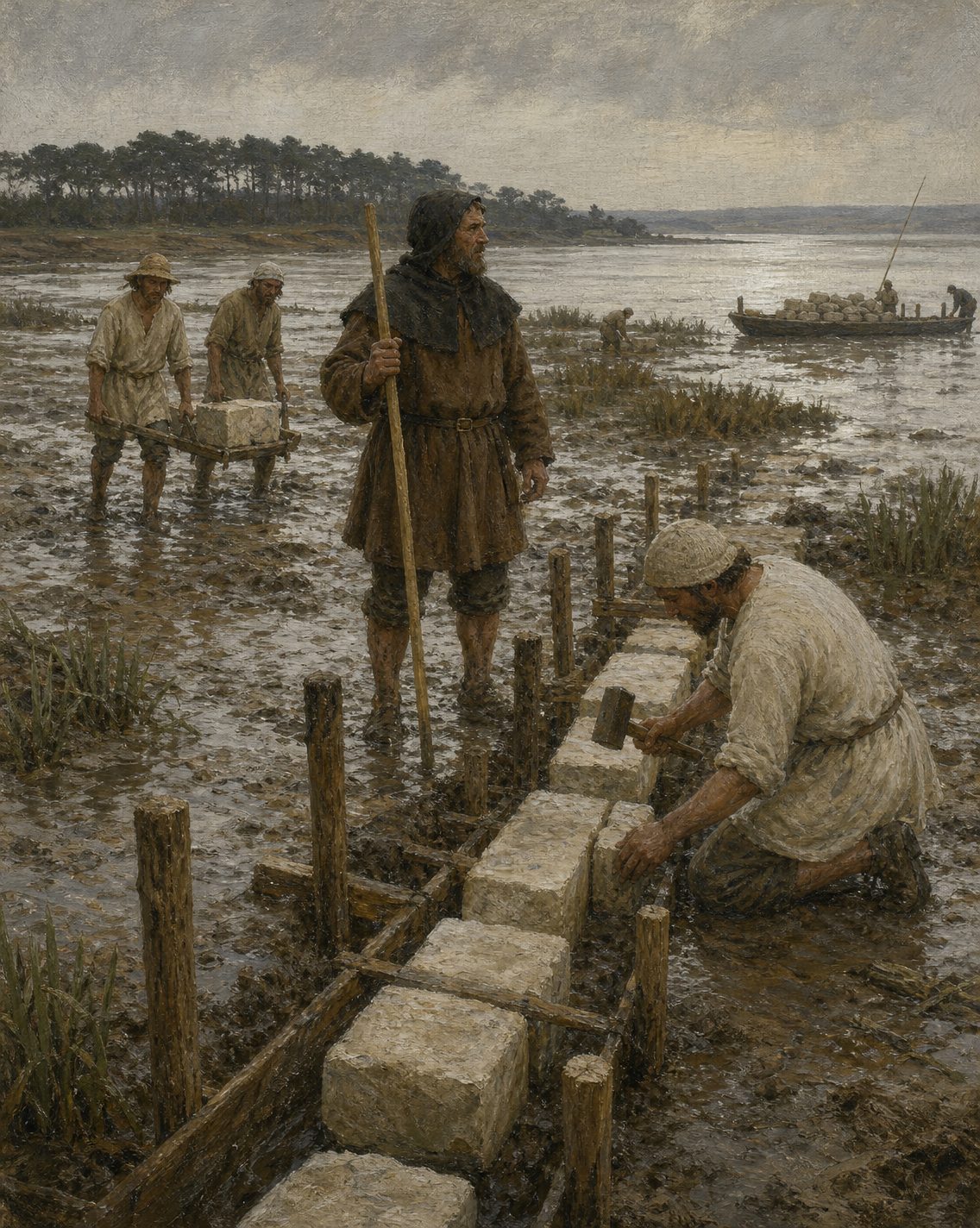 Evocação pintada das obras nos esteiros de Corroios: em setembro de 1403, diz o documento, já se trabalhava nas azenhas do condestável (figuras genéricas, não retratos).