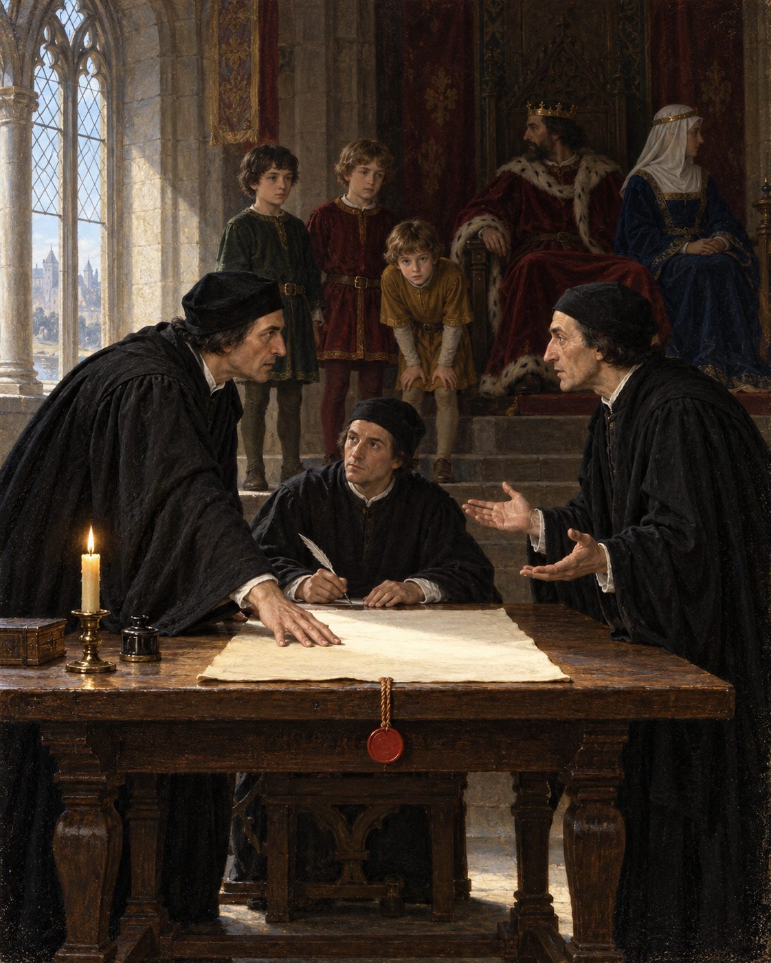 Evocação pintada do acordo de 1403, a que D. João I associou a rainha, D. Filipa de Lencastre, e os infantes Duarte, Pedro e Henrique (figuras genéricas, não retratos).