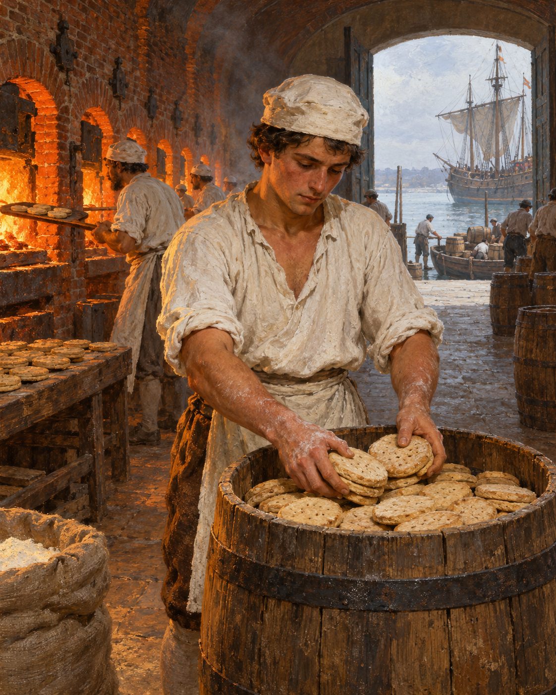 Evocação pintada de um forno régio do biscoito das armadas, como os de Vale de Zebro, junto ao Barreiro. Alguns moinhos do Seixal moíam para estes fornos (figuras genéricas, não retratos).