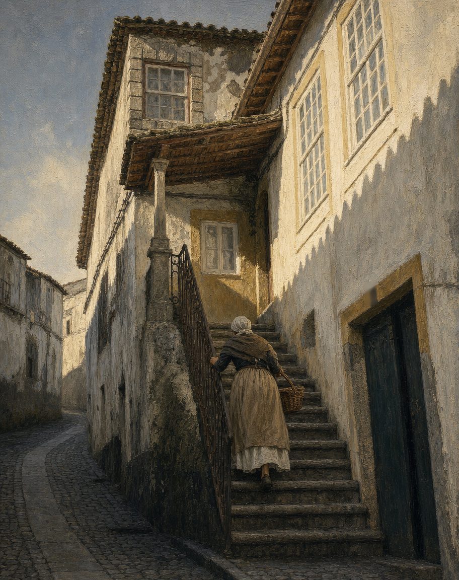 Uma rua do centro histórico da Covilhã, pintada a partir de uma fotografia real de Pmvandrade (CC BY-SA 4.0). Pêro da Covilhã era natural desta vila e deixou aqui uma mulher quando partiu, em 1487. A figura na escada é genérica e de época, não é retrato de ninguém.