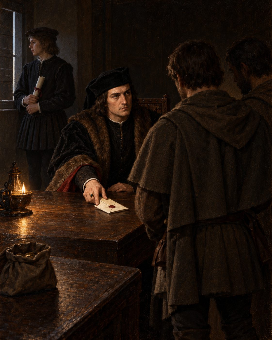 O despacho de Santarém, a 7 de maio de 1487. Levaram uma carta de marear tirada de um mapa-mundo, uma carta de crédito para todas as terras e províncias do mundo, e quatrocentos cruzados tirados da arca das despesas da horta de Almeirim. Ao fundo, D. Manuel, que ainda era duque e que Álvares registou como presente. Pintura; figuras de época, não retratos.